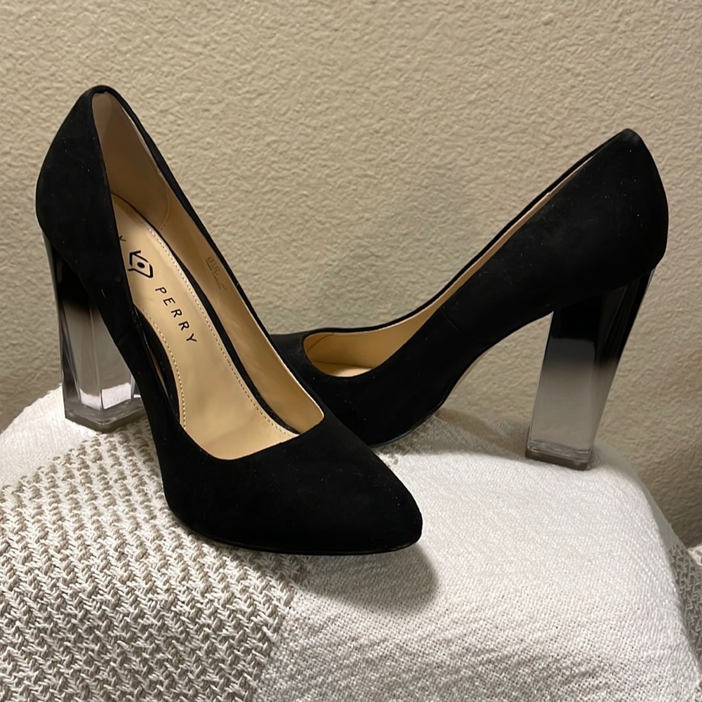 Katy Perry Black Micro Suede Pointy Toe Block Heels